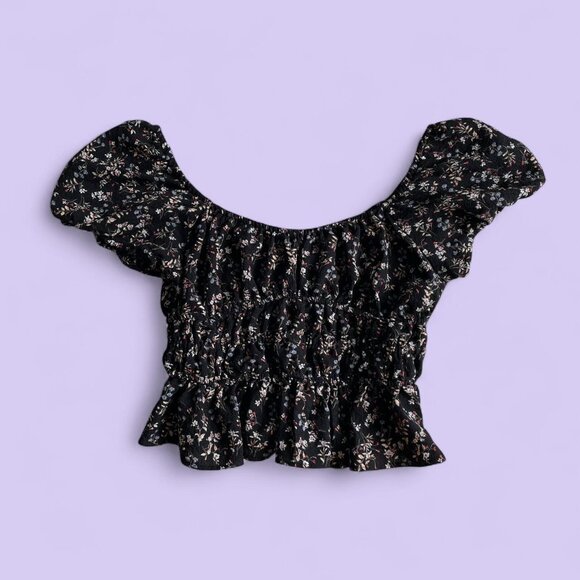Moa Moa Black Floral Off-Shoulder Ruffle Crop Top – Size Medium - Picture 1 of 8